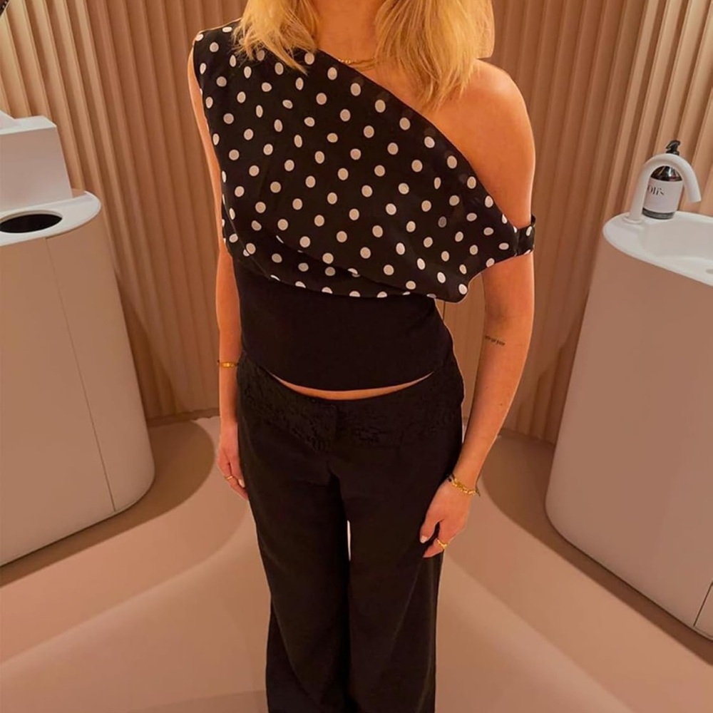 🖤 Polka Dot Off Shoulder Top Backless Shirt Y2K Black and White One-Shoulder
